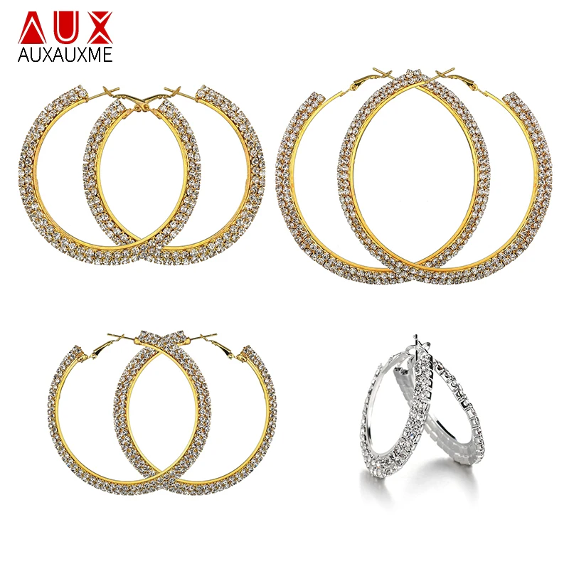 Auxauxme A Pair Charm White Stones Hoop Earrings Shiny Two Rows Full Zircon Circle Earring For Women Jewelry Gifts