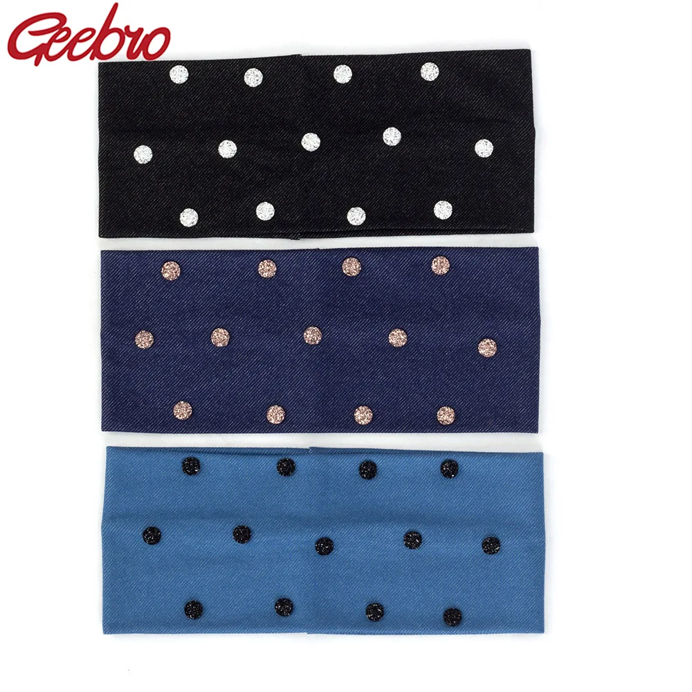 Women Fashion Casual Denim Hairband Shine stones Hairbend Female Girls Stretchy Plain Flat Turban Hair Accessories