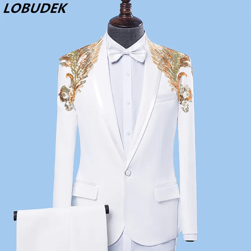 

White Embroidery flashing Sequins Blazers trousers Formale Dress male suits sets Party Host stage Costumes Singer dancer DS show