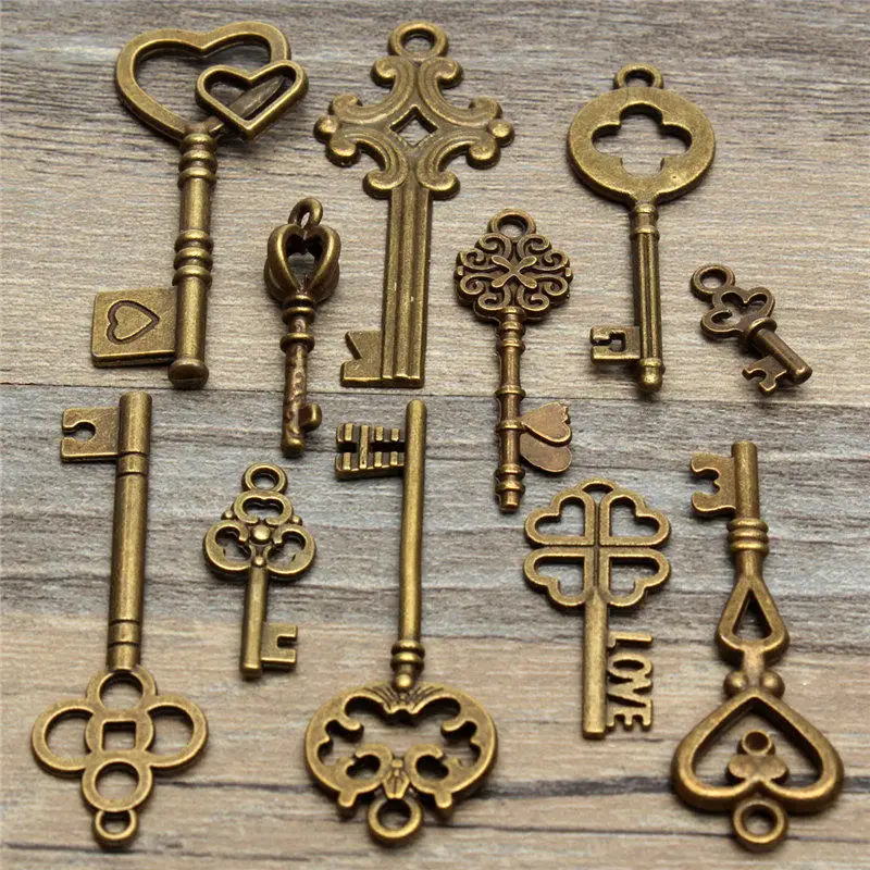 KiWarm Dedicate Set 11Pcs Antique Vintage Old Look Bronze Skeleton Keys Fancy Heart Bow Pendant DIY Decor Metal Crafts