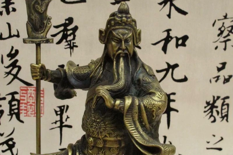 Chinese Folk Pure Brass Dragon Guan Gong Guan Yu Warrior God Buddha Statue