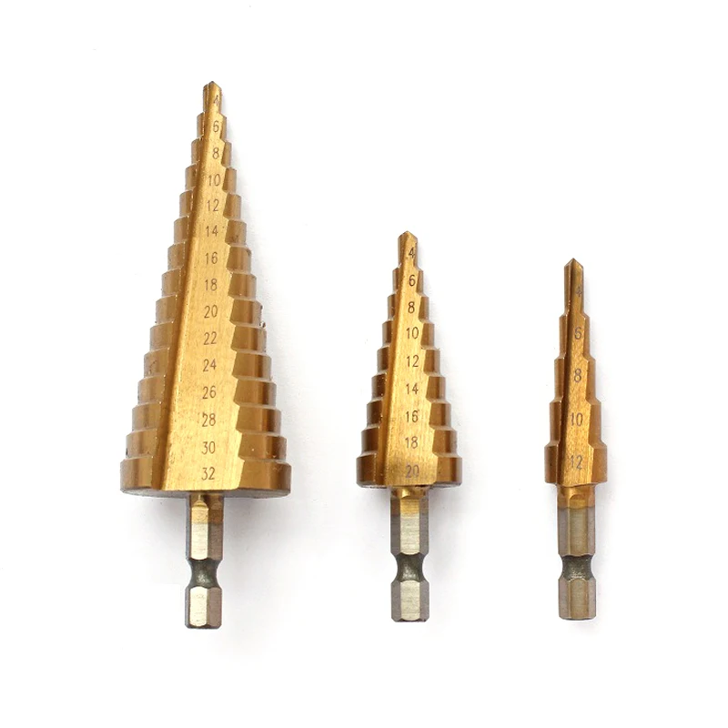 HSS Passo Punta Del Trapano s Hex Shank Cono Passo Core Punta Del Trapano Foro Cutter Set 4-12mm 4-20mm 4-32mm Metric Spirale Passo di Perforazione del Metallo