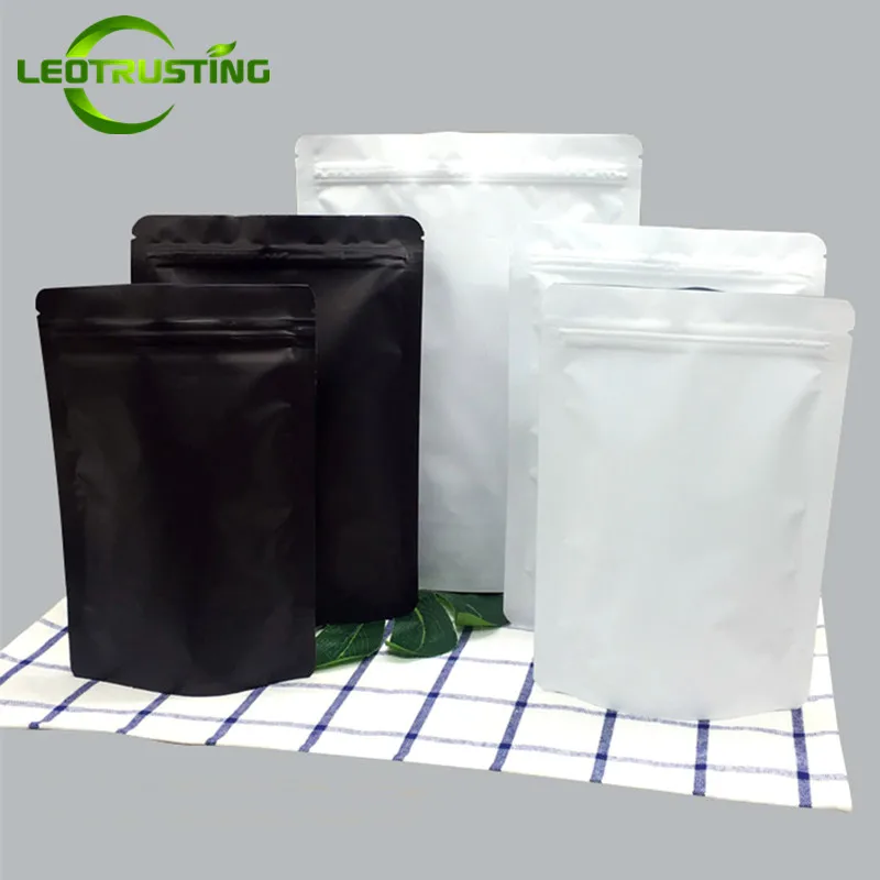 100 Uds. Bolsa Ziplock de papel de aluminio mate negro/blanco de pie DIY Matcha cacao azúcar Snack caramelo café Chocolate bolsas de almacenamiento