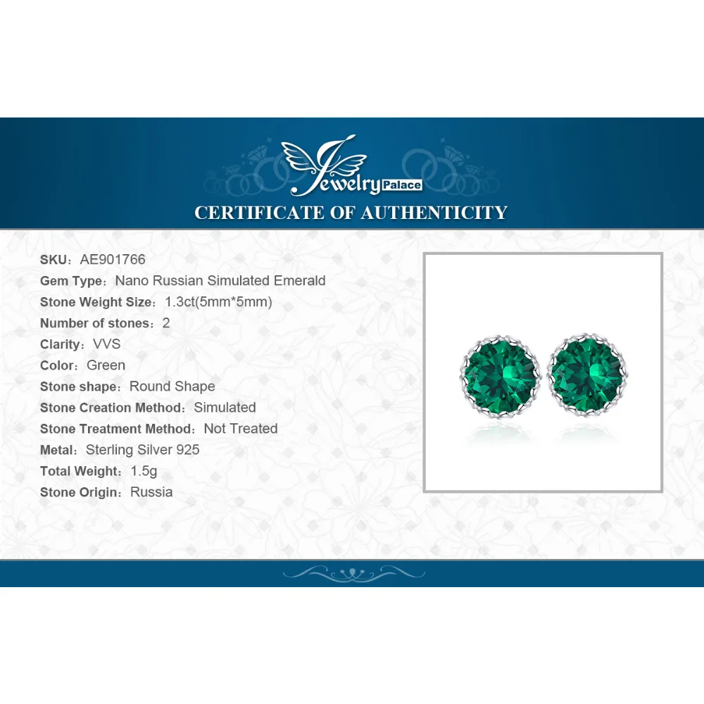 JewelryPalace Round Green Simulated Nano Emerald 925 Sterling Silver Stud Earrings for Women Fashion Statement Gemstone Jewelry