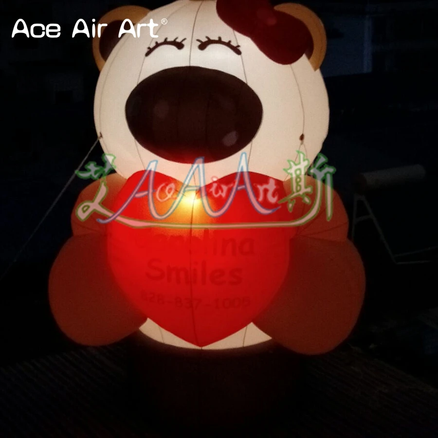 Outdoor Giant Decoration Inflatable Bear Holding a Red Heart  with Air Blower for Valentine's Advertising