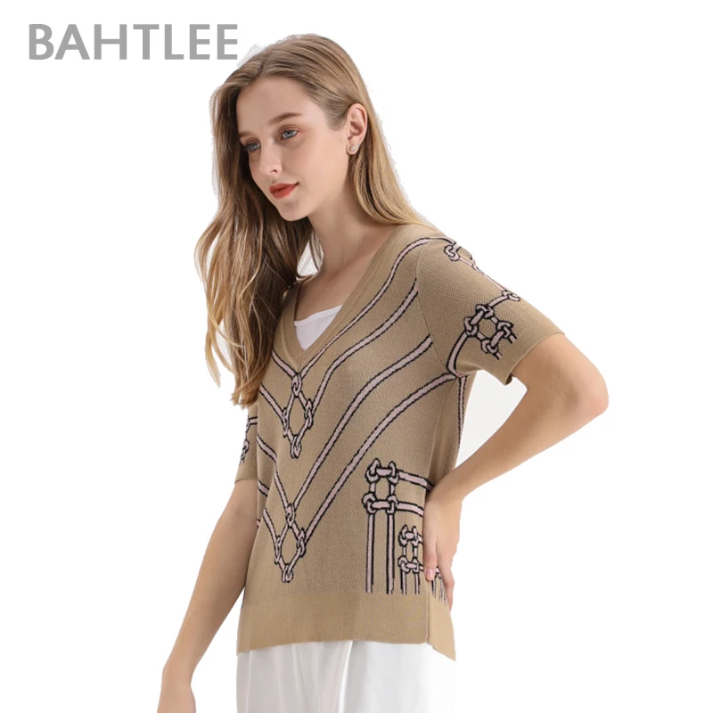 BAHTLEE-Women's Lyocell V-Neck Knitted Sweater, Short Sleeves Jumper, Jacquard Weave, Ventilation Loose Style, Summer