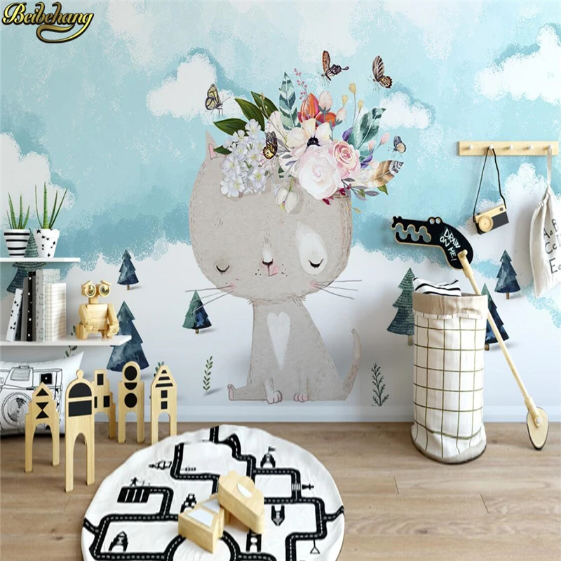 

beibehang Wall paper Custom Photo Wallpaper Fresco Nordic Modern Simple Cartoon Kitten Flower Children's Room Background Wall