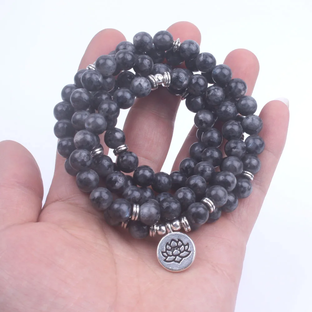 108 Mala Labradorite With Lotus OM Buddha Charm Yoga Bracelet Or Necklace Natural Stone Jewelry Dropshipping