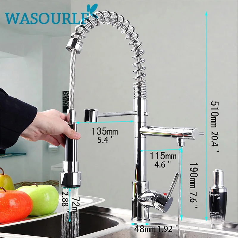 

WASOURLF Kitchen Brass Faucet Chrome Plated Single Handle Pull-out Pull Down Two Spout Sink Mixer Hot and Cold Tap Modern Design