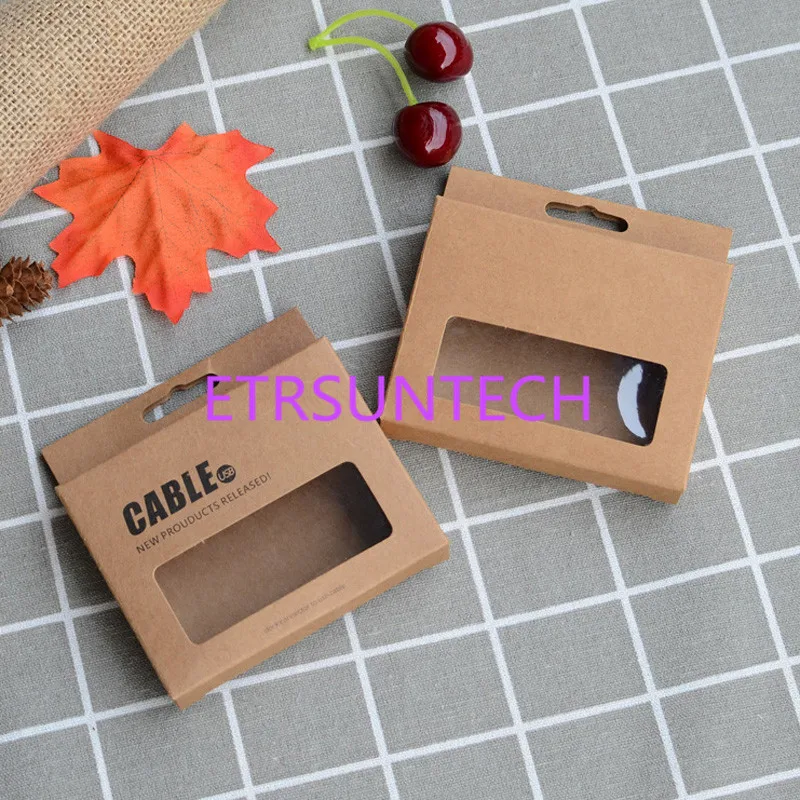 300Pcs/Lot 9.5x7.5x1.5cm Date Cable Packaging Cardboard Boxes Kraft Paper Data Line Packing Window Box With Hang Hole