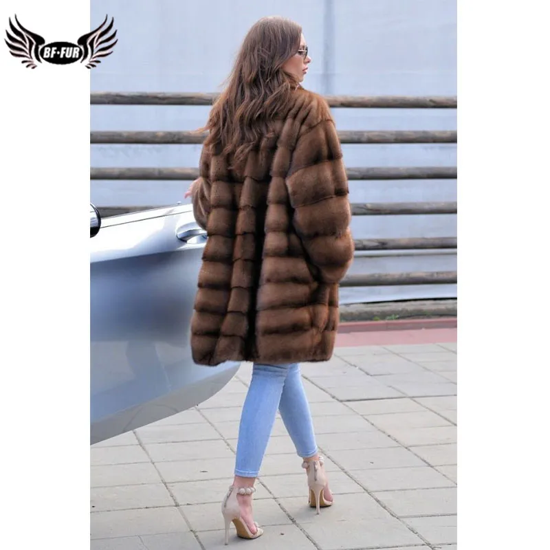 BFFUR Long Coffee Real Mink Fur Coats Stand Collar High Quality Natural Whole Skin Mink Fur Coat Genuine Woman Winter Overcoats