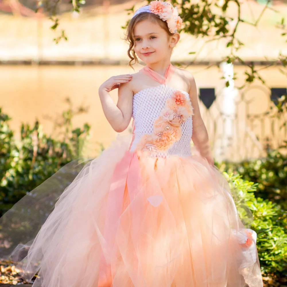 Girls Dress Kids Cloth Orange Crochet Long Flower Tutu Dress Ball Gown with Ribbon Bow and Headband Children Wedding Party Tutus