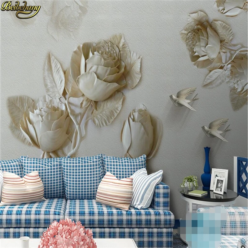 beibehang Custom Photo mural Wallpaper Stereo concave-convex Gold Relief Rose Flying Bird TV Background Wall papel de parede 3D