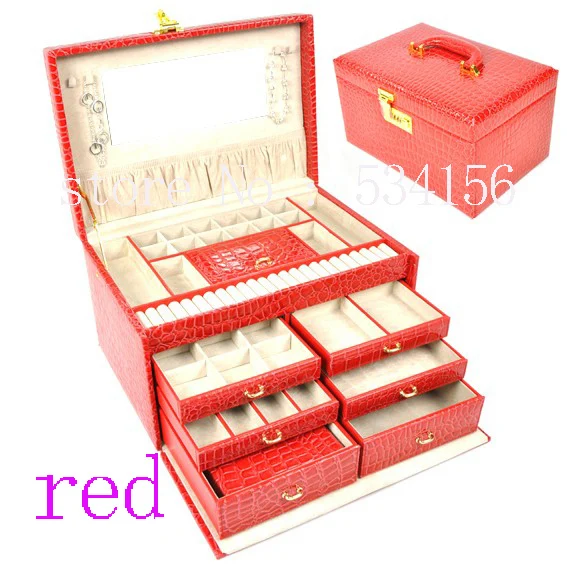 

Free shipping Big 4 layers luxurious leather jewelry box red gift box (27.5 * 21 * 20.5 cm) with a small jewelry bag inside