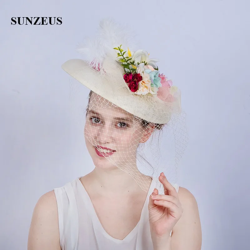 Handmade Flowers Bridal Hat with Face Veil Linen Hat Elegant Ladies Wedding Hat Ivory Feathers Fascinators Headwear  SH91