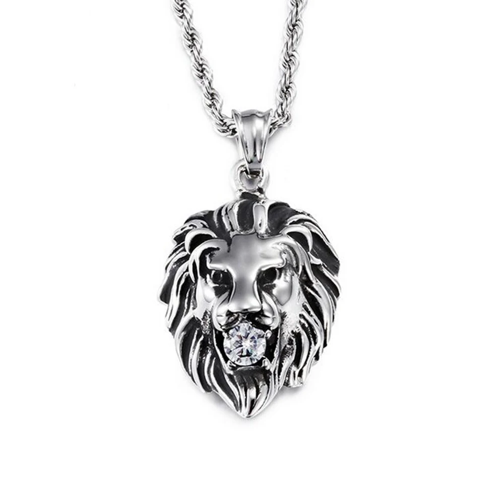 

Punk Gold Color Twist Rope Chain Animal Necklace Men Women Hiphop Black Stainless Steel CZ Zircon Lion Head Necklaces Pendant
