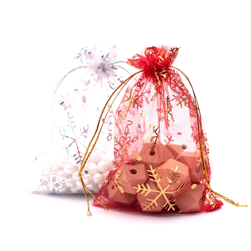 

100pcs 10x14 13x18cm Snow Flake Organza Gift Bags Drawstring Fabric Sheer Bag Jewelry Beads Wedding Christmas Candy Bags&Pouches