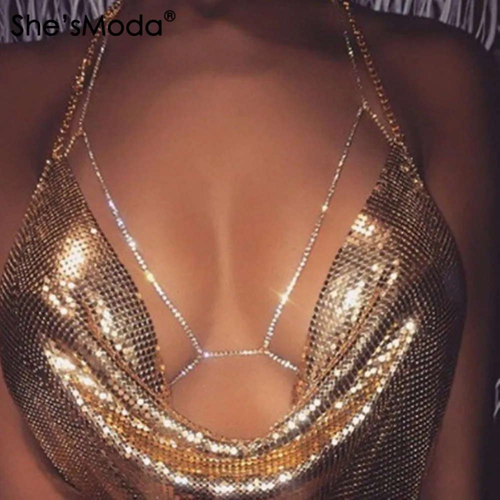 

She'sModa Sexy Body Chain Bra Jewelry Alloy Metal Halter Party Club Women's Bralette