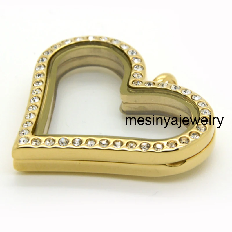 10pcs PVD Gold Magnet Closure Stainless Steel Czech Crystal Heart Glass Locket For Custom Floating Charms Keepsake Xmas Gift