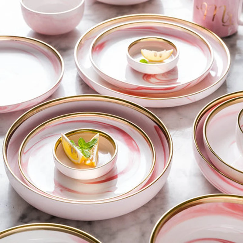 20PCS Set For 6 People Pink Marble Ceramic Dinner Dish Rice Salad Noodles Bowl Soup Plates ware Sets Tableware Kitchen Cook Tool