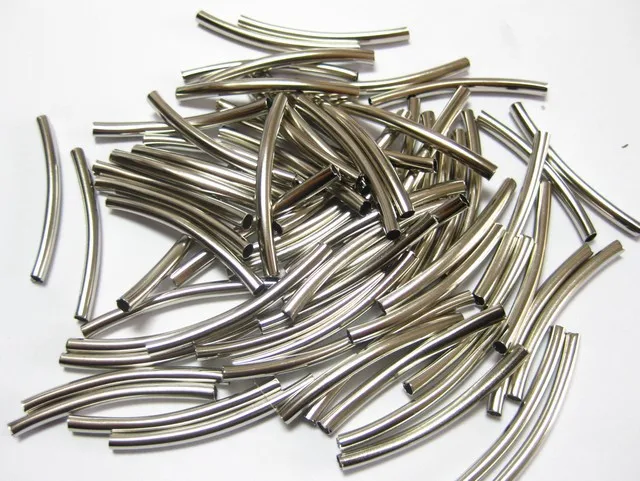 

100 Silver Tone Smooth Curved Tube Spacer Beads 3X35mm