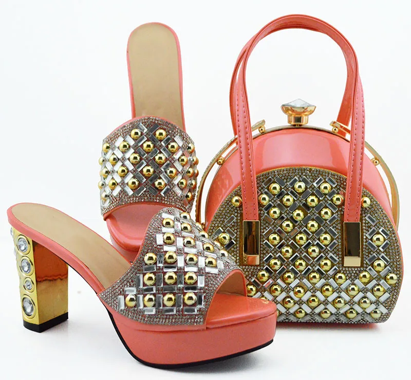 Beautiful white women dress shoes with rhinestone decoration african pumps match handbag set MD007,heel 10CM