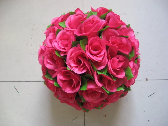 SPR 30cm hot pink with green leaves kissing flower ball wedding rose flowers ball decorations