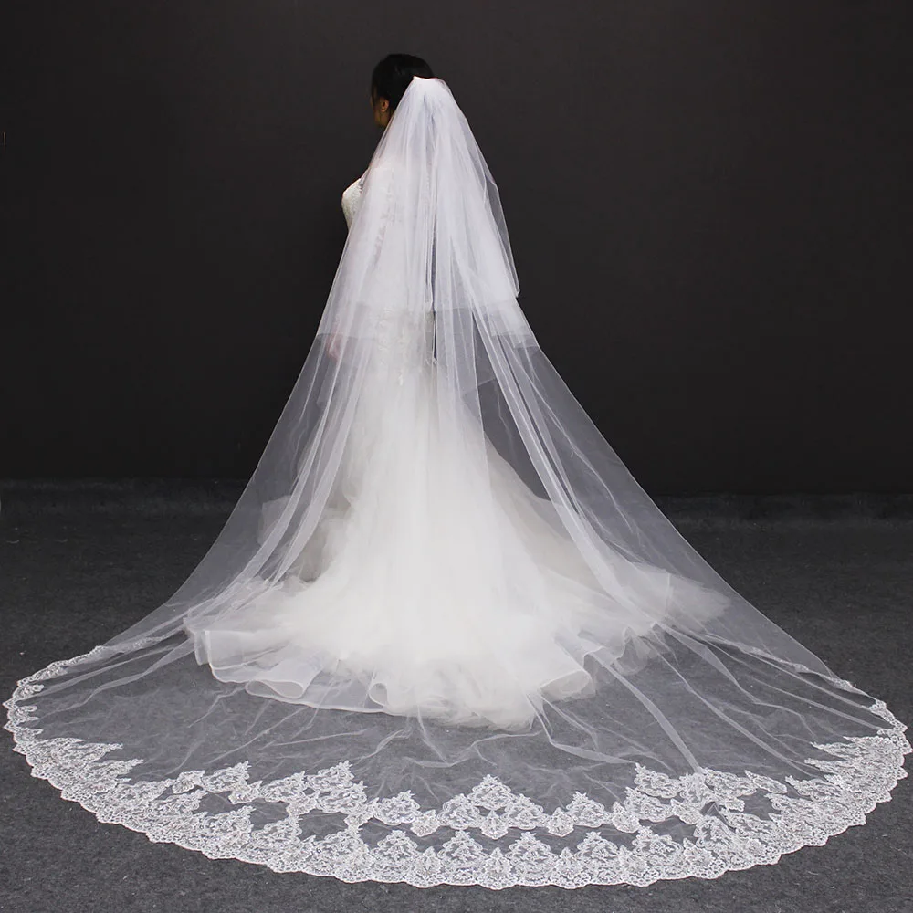 Customized Real Photos Long Wedding Veil with Comb 2T 3m/4m/5m Bling Sequins Lace Bridal Veil with Blusher White/Ivory Veil