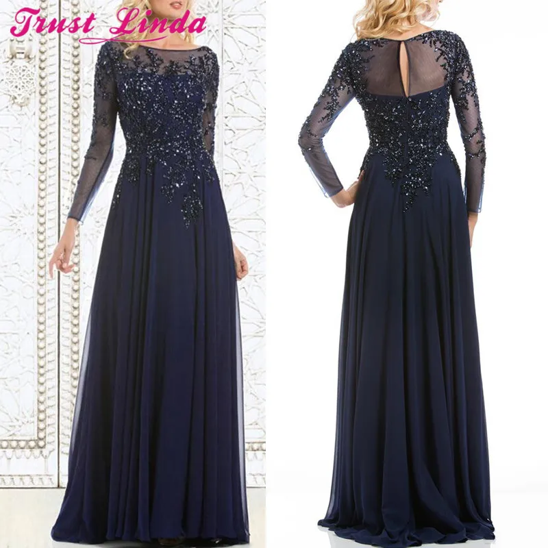 

Top Selling Elegant Navy Blue Mother of The Bride Dresses Chiffon See-Through Long Sleeves Sheer Neck Appliques Beaded Prom Gown