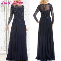 Top Selling Elegant Navy Blue Mother of The Bride Dresses Chiffon See-Through Long Sleeves Sheer Neck Appliques Beaded Prom Gown