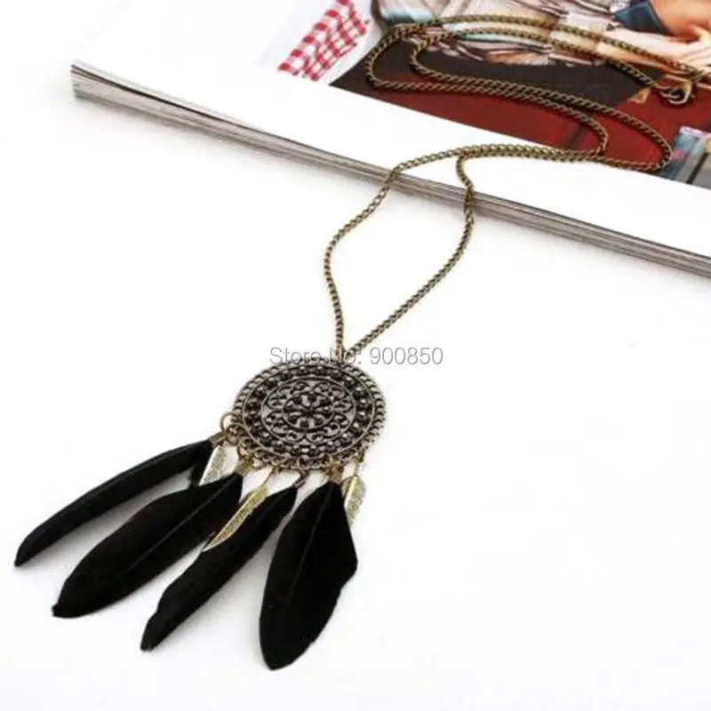 Boho Retro Black Green Feather Pendant Necklace Alloy Chain Coin Ethnic Indian Style Long Sweater Dream Catcher Necklace