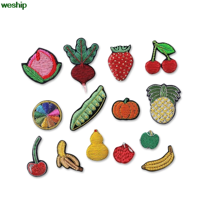 DIY New 3D Hand embroidery badges Pumpkin/radish/Cherry Fruits Embroiderd metal wire applique for Coat Trousers Bag Brooch