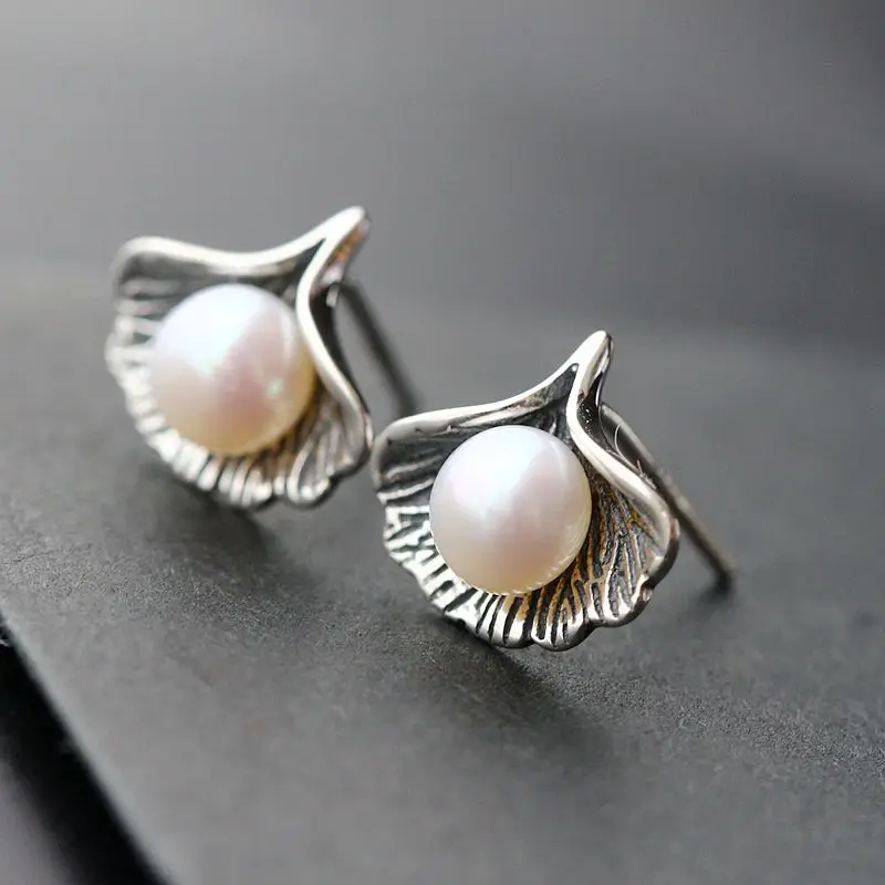 s925 Sterling Silver Earrings Handmade with Ginkgo natural pearl woman earrings