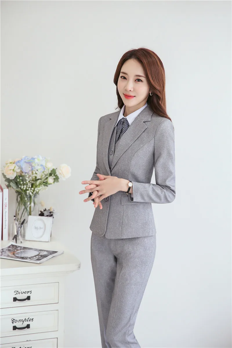 Women Business Suits with 4 pieces Jackets + Pants + Vest & Waistcoat and Blouse with Tie Pantsuits Pants Suits OL Work Wear