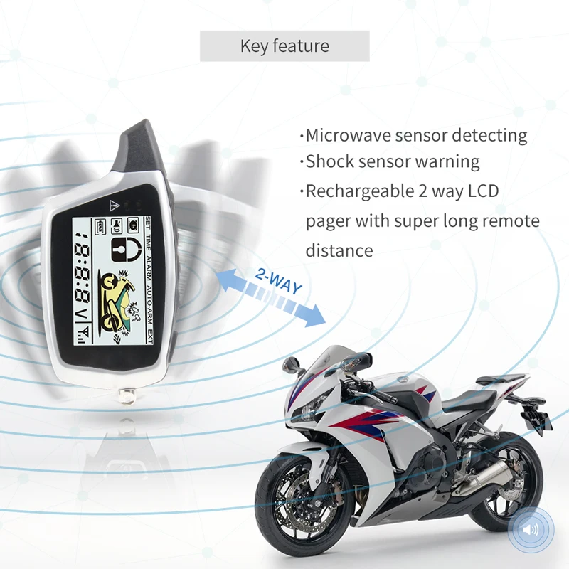 2 Way Motorcycle Burglar Alarm Special Anti-Theft Device Microwave Detecting Shock Sensor LCD Pager Rechargeable Transmitter