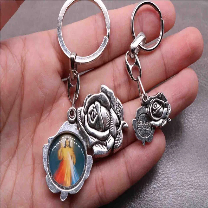سلسلة مفاتيح دينية وردية ، سلسلة مفاتيح مع يسوع ، مريم العذراء ، لمفتاح السيارة ، حقيبة يد ، هدية #1