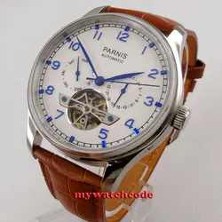 43mm parnis white dial date brown strap ST2552 automatic movement mens watch 902