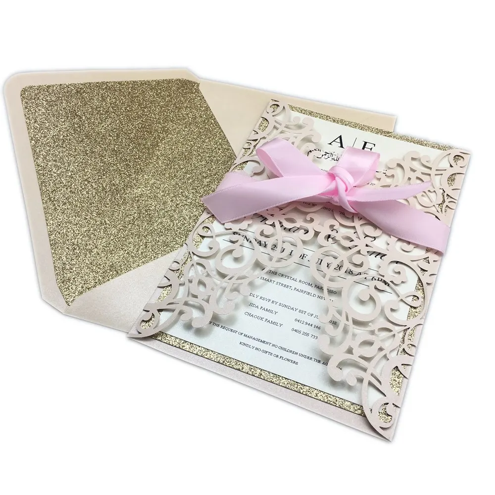 Free shipping 50X Light Pink Wedding Invitation Card Laser Cut Floral Invite with Rose Gold Glitter envelope ribbons Customize