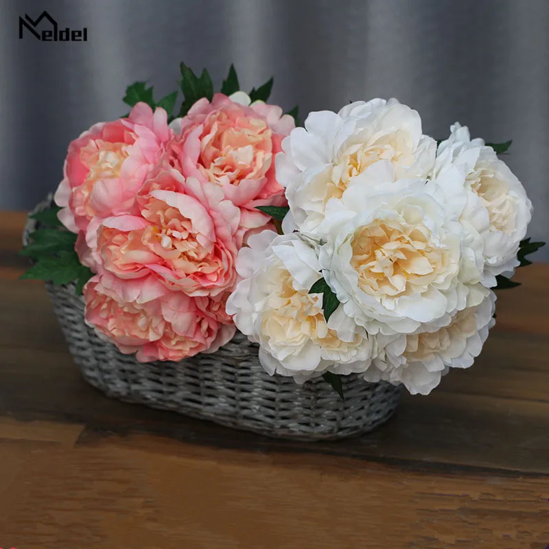 Meldel เจ้าสาวงานแต่งงานช่อดอกไม้ประดิษฐ์ Peony Posy Red DIY Bouquet ตกแต่งบ้านสำนักงาน Nosegay ดอกไม้