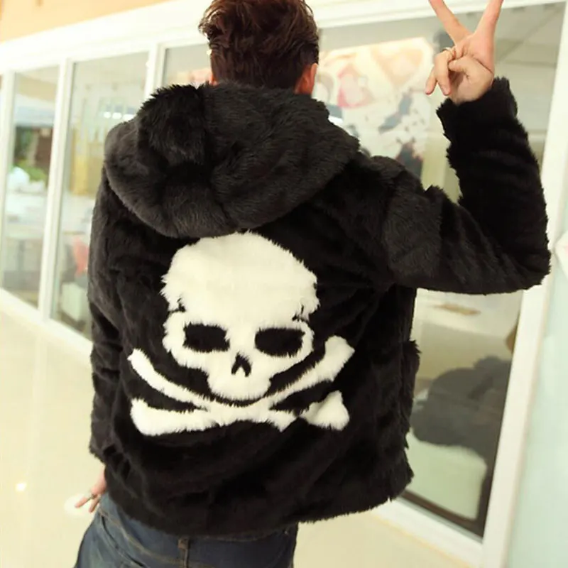 2020 Men Autumn Winter Black Hooded Imitation Rabbit fur Short Jacket Zip long sleeves Faux fur coat Locomotive Devil Clothing