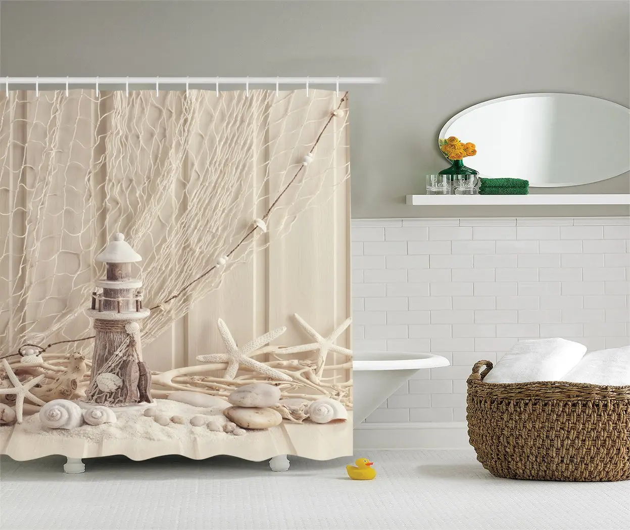 Beige Wooden Lighthouse Shower Curtain Nautical Marine Fishing Net Sea Stars and Shells Picture Polyester Fabric Bathroom Set