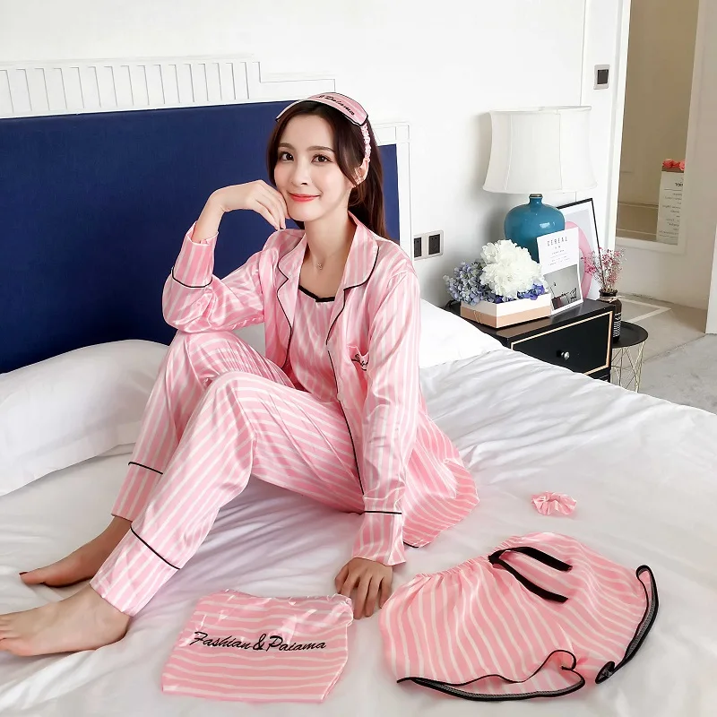 Women 7 pieces Pink pajamas sets satin silk lingerie homewear sleepwear pyjamas set pijamas female stripe printed Nightwear suit