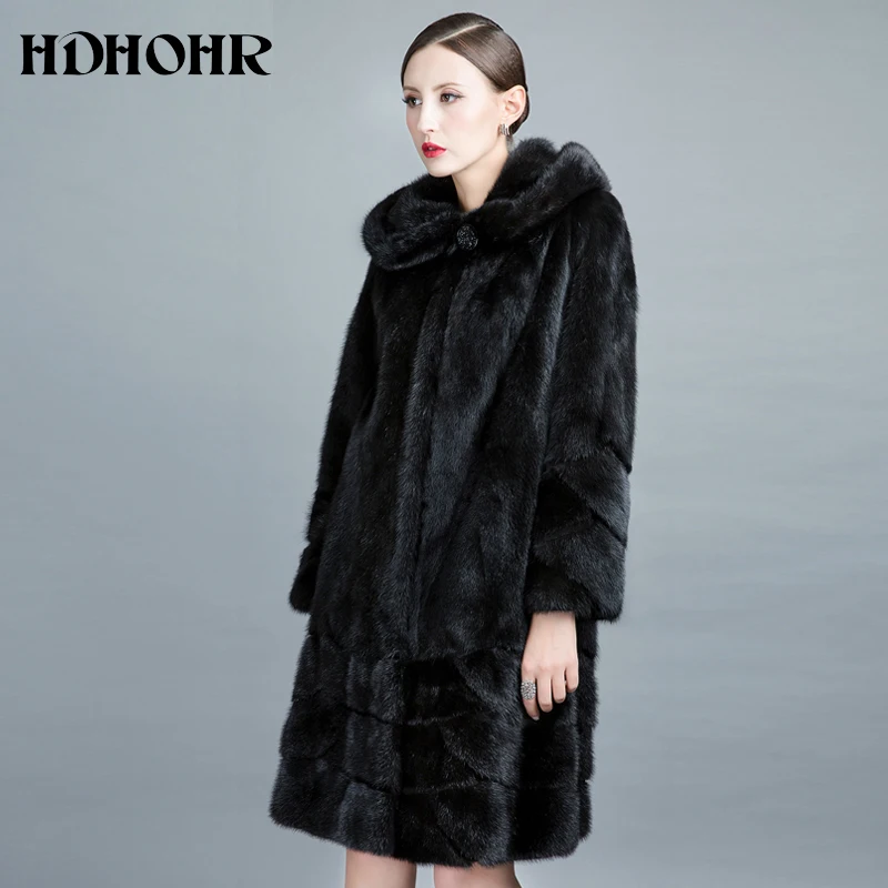 HDHOHR 여성용 천연 밍크 모피 코트, 긴 후드, 진짜 모피 파카, 두껍고 따뜻한 겨울 진짜 밍크 재킷, 2024 하이 퀄리티