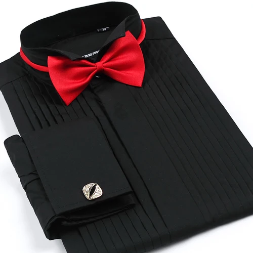 Imagen 2 del producto Camisa de esmoquin con puño francés para hombre, camisa con cuello de punta de ala de Color sólido, camisas de vestir de manga larga para hombre, camisa Formal para novio de boda