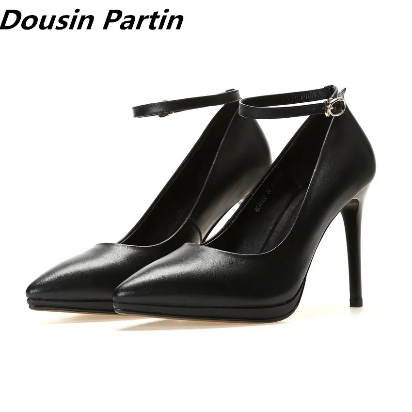 Dousin Partin 2018 Pu Thin High Heel Pointed Toe Black Buckle Design OL Style Fashion Pumps for women shoes 35-39