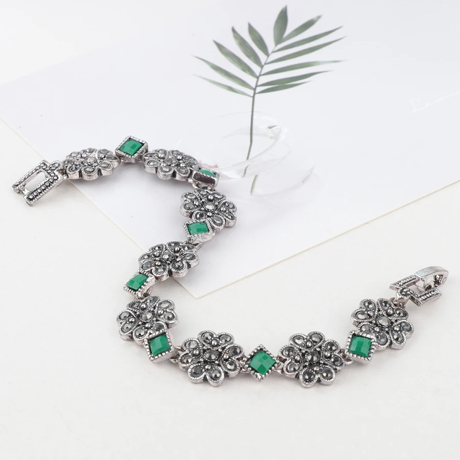 Kinel From India Fashion Bracelet For Women Gift Silver Color Green Resin Bracelet Lucky Flower Vintage Jewelry 2019 New