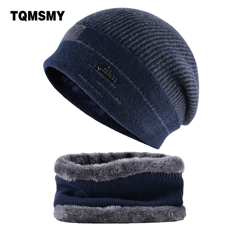 Wool blended fabric beanies men knitting wool skullies double layer masks hats for men's winter hat scarf set concise gorros