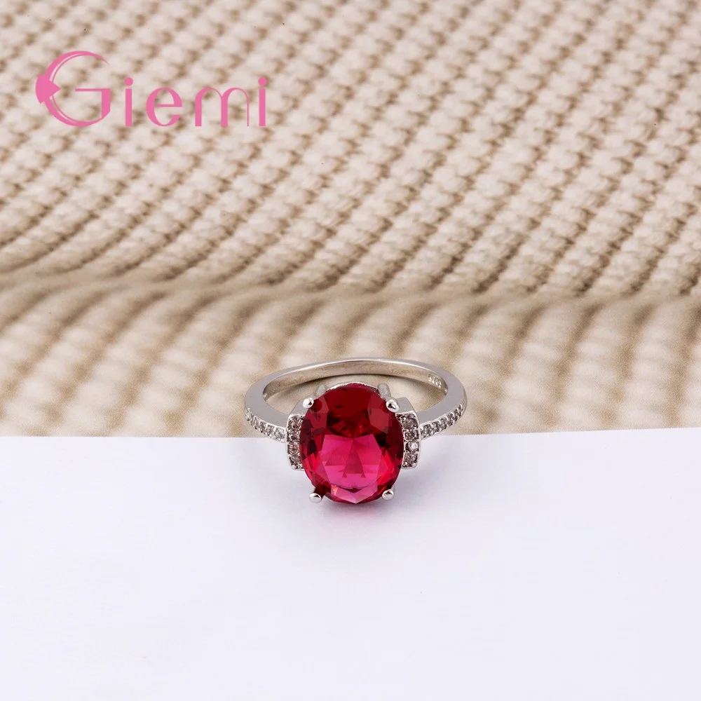 New Arrival Big Round Red Crystal Women Girls Party Wedding Jewelry 925 Sterling Silver Geometric Ring Wholesale