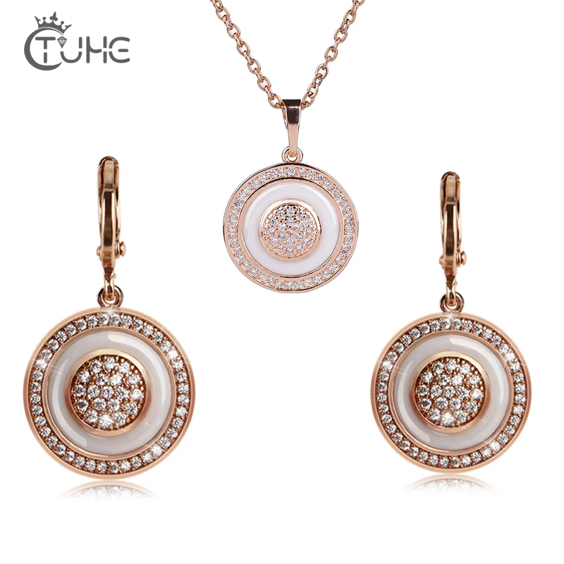 

Crystal Wedding Jewelry Sets For Women Gold Round White Healthy Ceramic Pendant Necklace Earrings Ring Charm Copper Fashion Gift