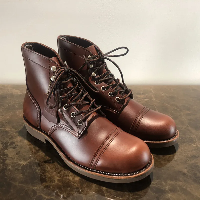 Fashion Vintage Ankle Boots Men's Shoes Motorcycle Boots Round Toe Goodyear High Quality Ring Real Leather Cowhide Dress Red